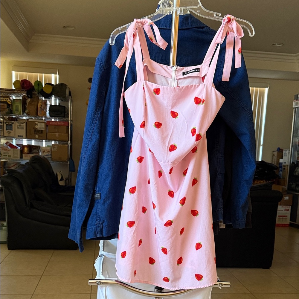 SHEIN Pink Strawberry Print Tie-Strap Sundress